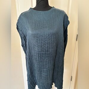 Eileen Fisher Blue blouse top pleated silky Large XL 2XL blouse tunic shirt